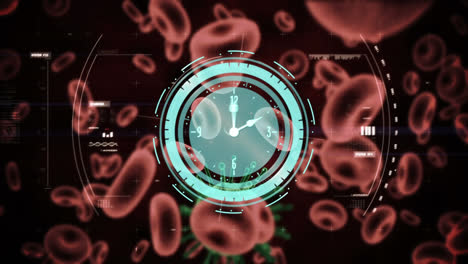 animation of clock and scope scanning covid cell with data processing over blood cells