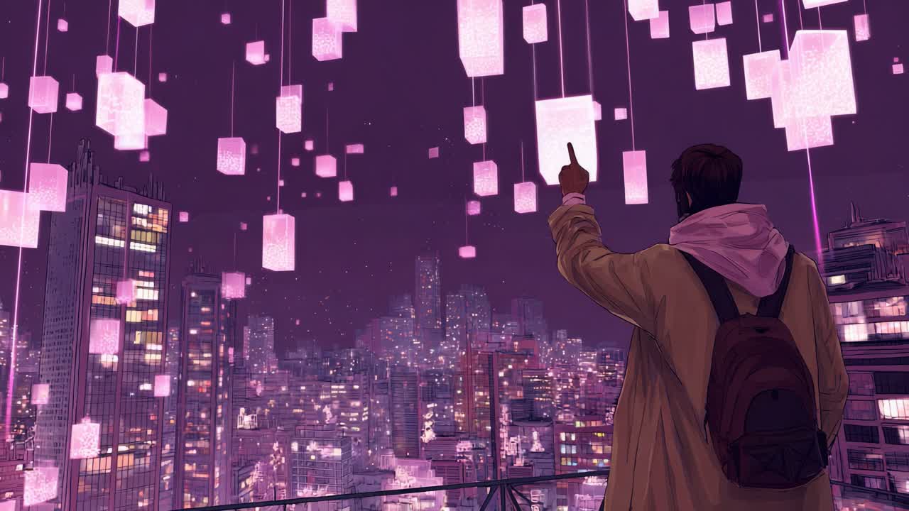 A Serene Cityscape Illuminated by Floating Lanterns: A Figure Gazes Over a Dazzling Urban Landscape, Bathed in Soft Pink and Purple Light, Embracing Tranquility Amidst Vibrant Life