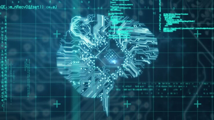 Animation of brain made of integrated circuits over data processing