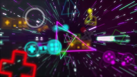 animación de objetos de neón de videojuegos sobre rastros de luz en fondo negro
