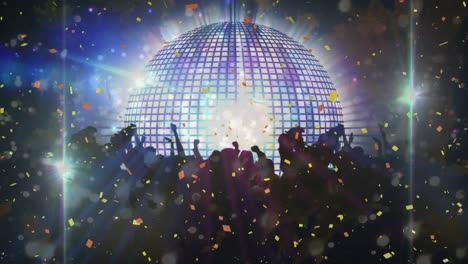 Animation-of-confetti-and-light-spots-over-silhouette-of-crowd-dancing-against-spinning-disco-ball