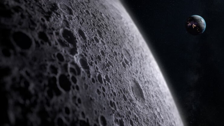 Vista cinematográfica do planeta Terra da superfície da Lua. Espaço estrelado ao fundo