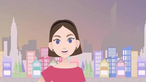 Animation-Einer-Kaukasischen-Geschäftsfrau,-Die-Eine-Präsentation-über-Dem-Stadtbild-Hält