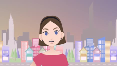 animation of caucasian businesswoman making presentation over cityscape