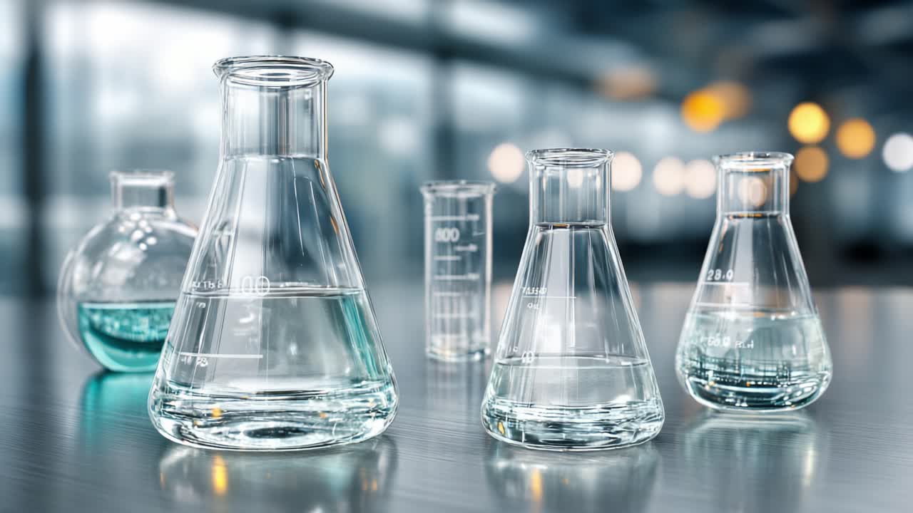 En samling laboratorieglas, der viser forskellige klare væsker på en bordplade med en sløret industriel baggrund.