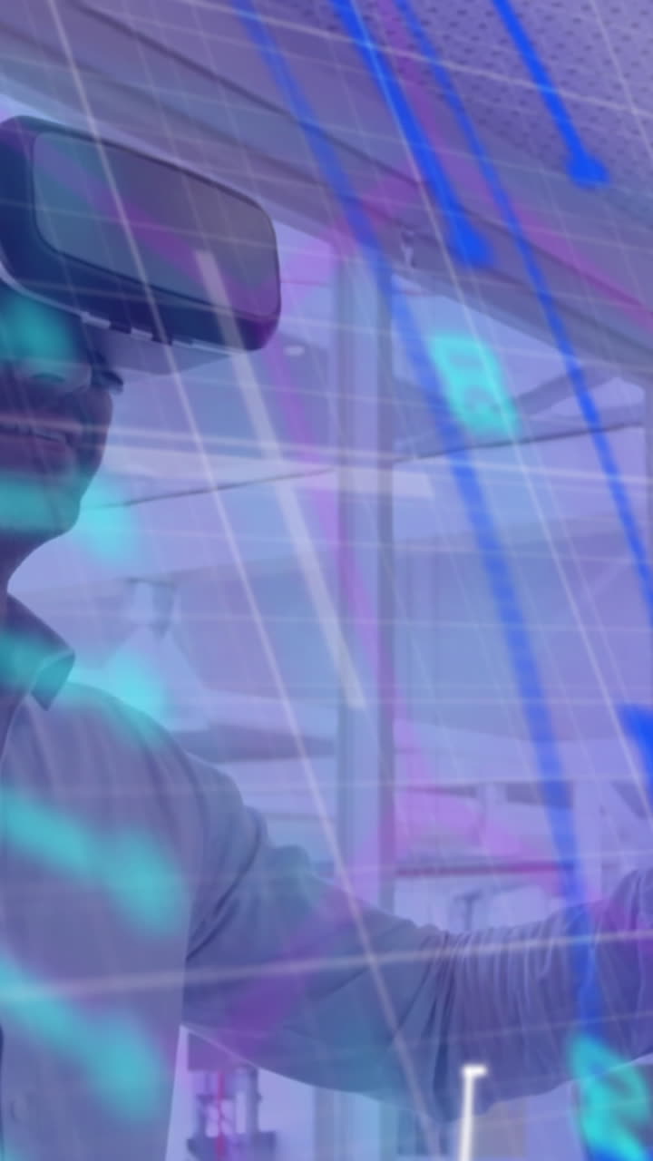 Neon scope scanner over grid network against african american man wearing vr headset at office