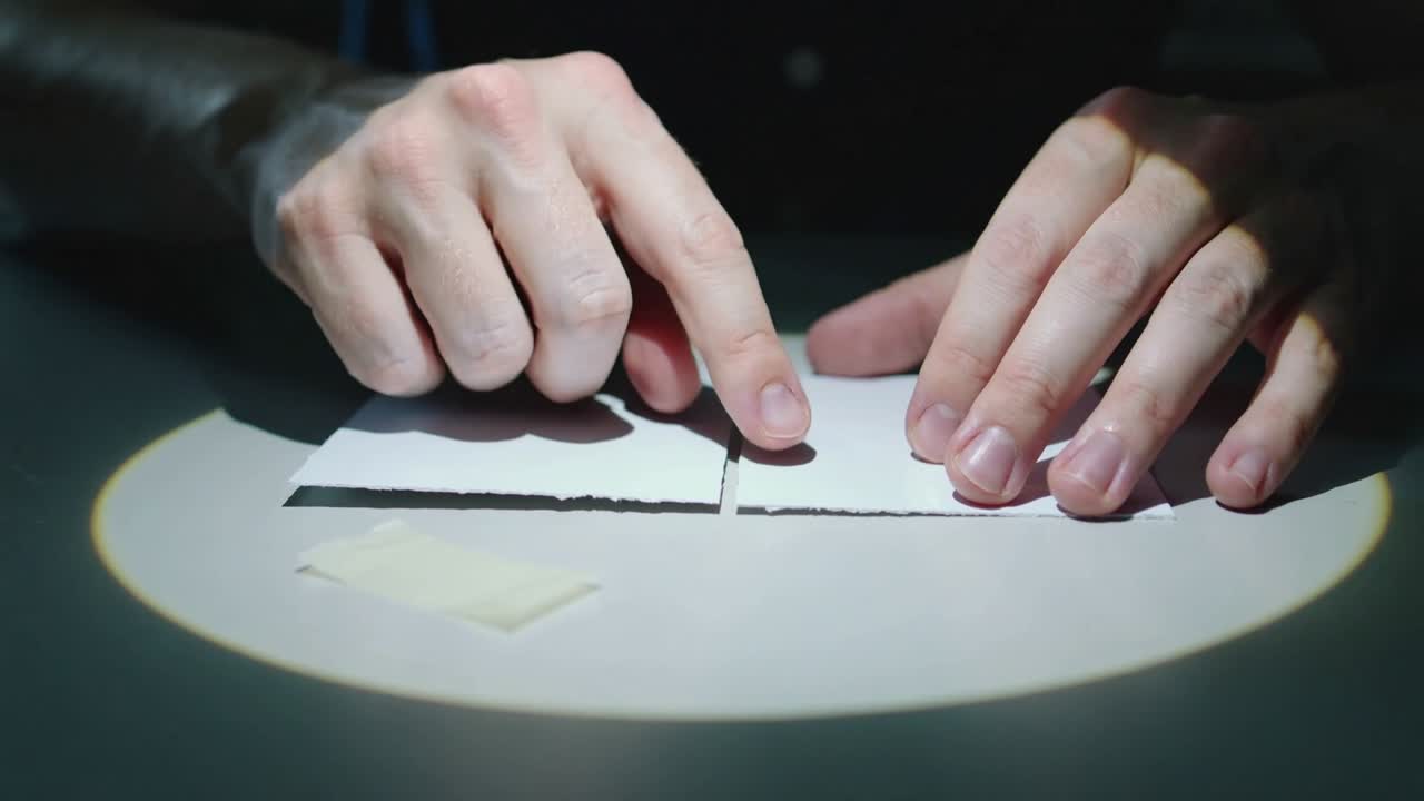 Reaching hands in long sleeves aligning torn paper pieces on table under spotlight, tape unused