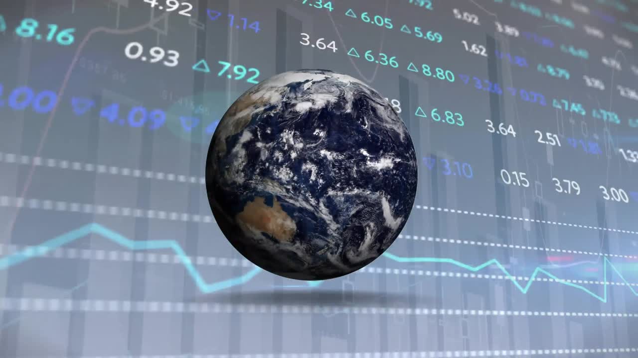 animación de un globo giratorio sobre el procesamiento de datos estadísticos y del mercado de valores sobre un fondo azul