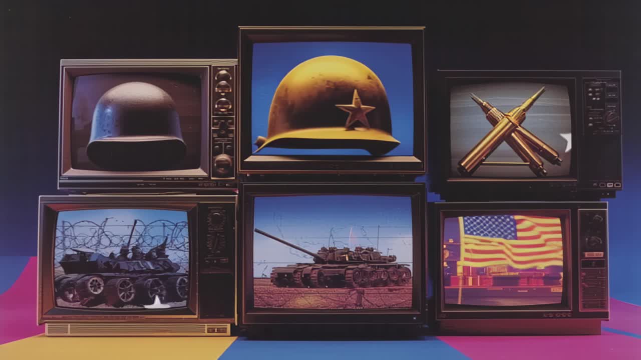 Riprese di televisori vintage impilati che mostrano elmetto militare, proiettili, filo spinato, carro armato e bandiera USA, evocando temi di guerra, propaganda, conflitto e storia.