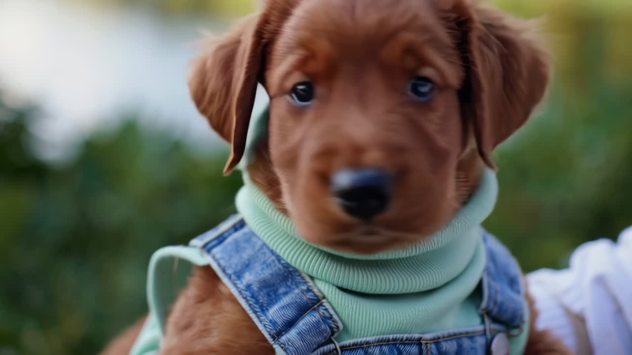 A cute red Irish setter puppy wearing a mint green turtleneck and denim overalls