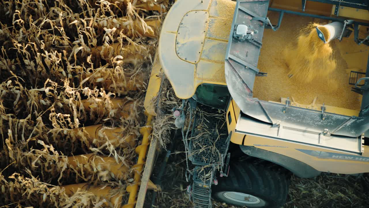 Low light aerial showing a combine harvesting at sundown