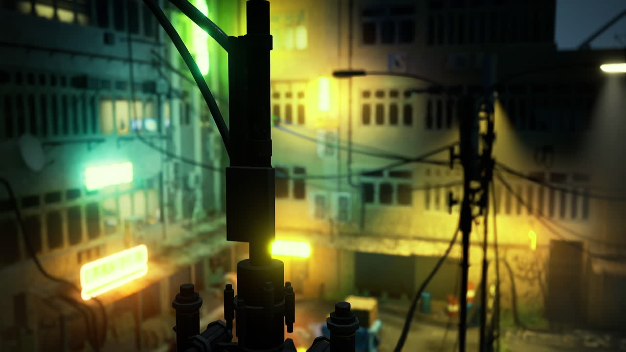 Urban night scene with lights and cables highlighting a cityscape