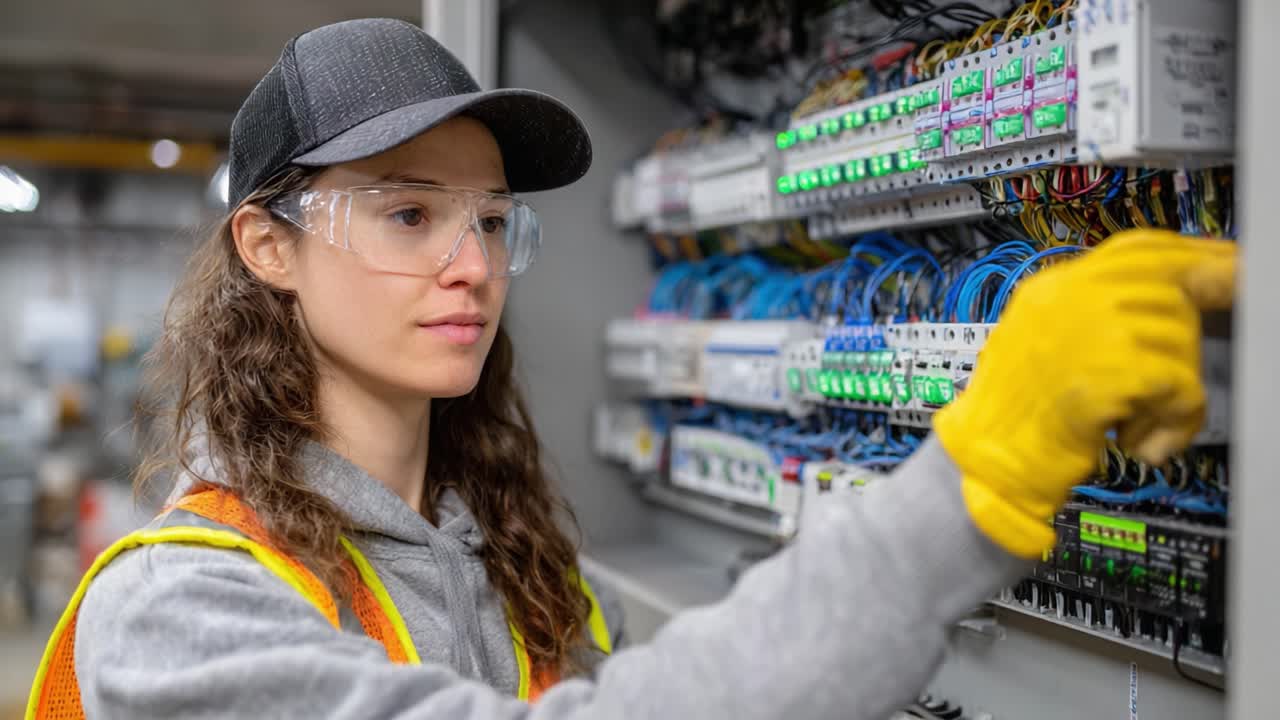 A skilled female technician in safety gear works diligently on complex electrical control systems, ensuring proper function and safety in an industrial setting