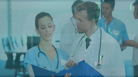animación del procesamiento de datos financieros sobre diversos médicos masculinos y femeninos discutiendo en el hospital.