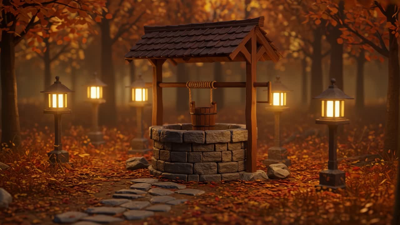 A mystical autumn scene featuring a charming well surrounded by glowing lanterns and a carpet of fallen leaves in a serene forest setting