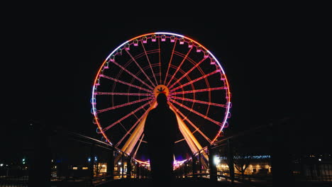 silhouette of person waking towards colorful ferris wheel, nighttime