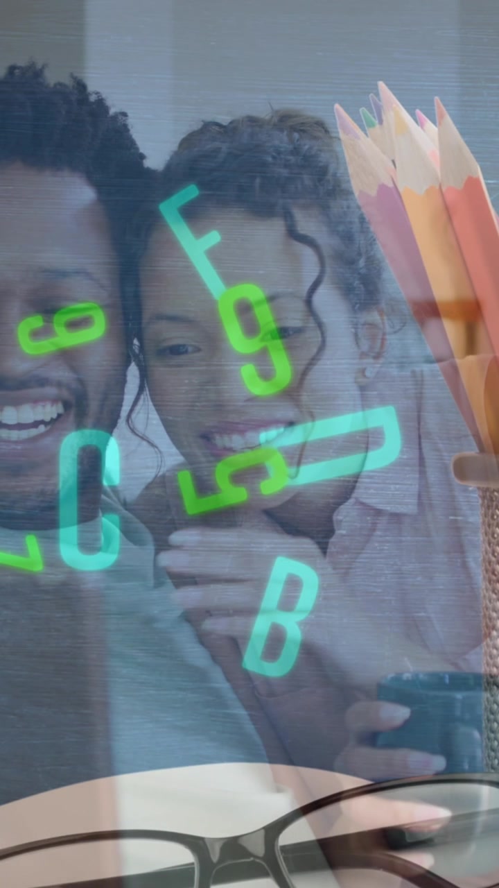 Animation of colourful pencils over african american couple using tablet
