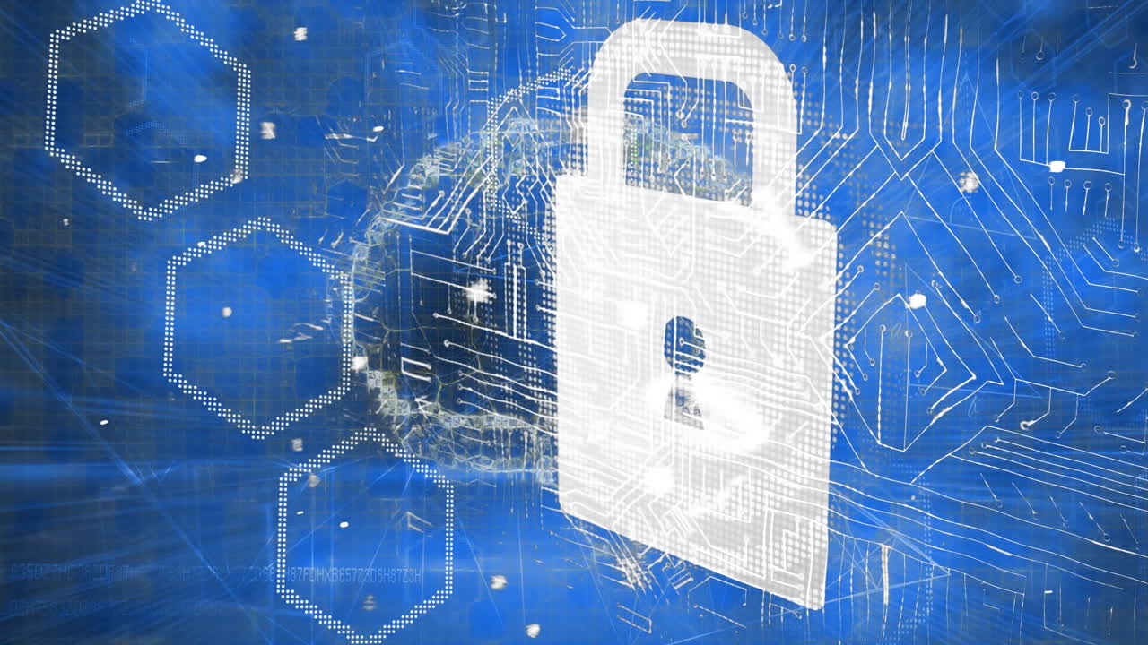 animación de un candado con placa de circuito de computadora y cerebro humano digital sobre fondo azul