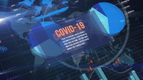 animation of the word covid-19 with news information over world map, data processing and statistics