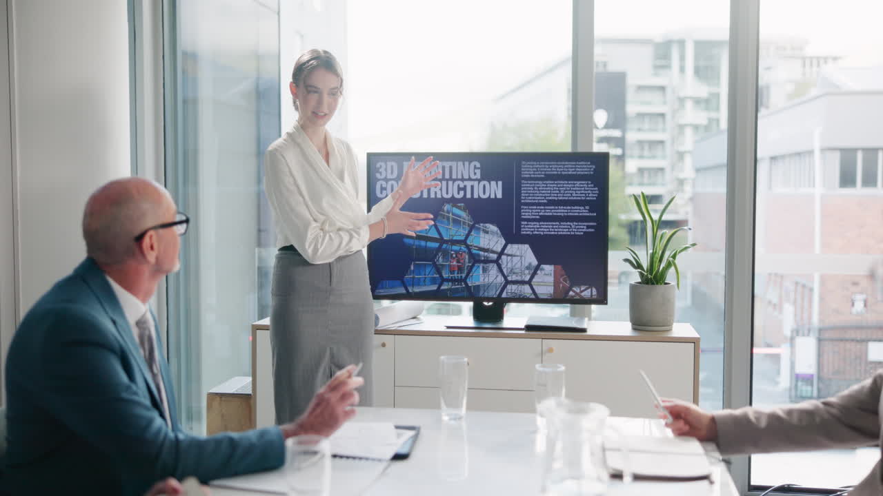 Business meeting with presentation on 3D printing construction