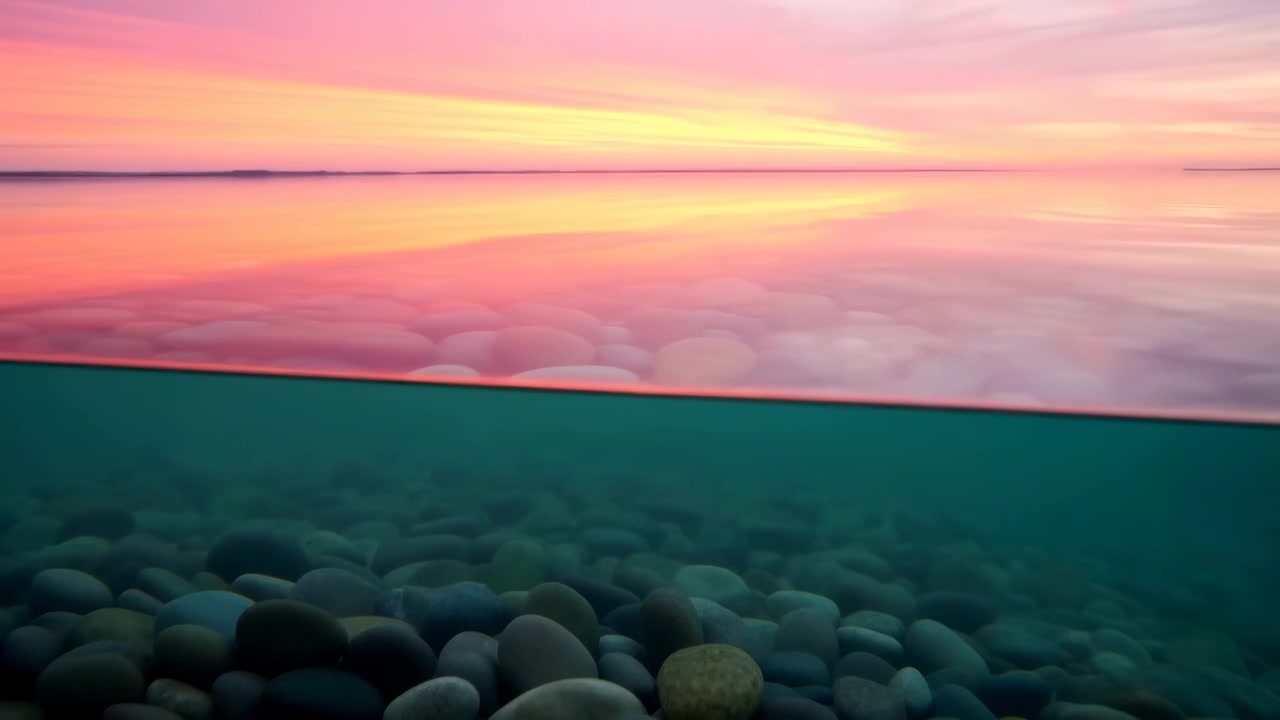 Rolig delt scene, der viser glat reflekterende vand ved solnedgang ovenfor og afrundede småsten hvilende på havbunden nedenfor, adskilt af et skråt klart glaspanel med blødt pastellys og rolig naturlig.