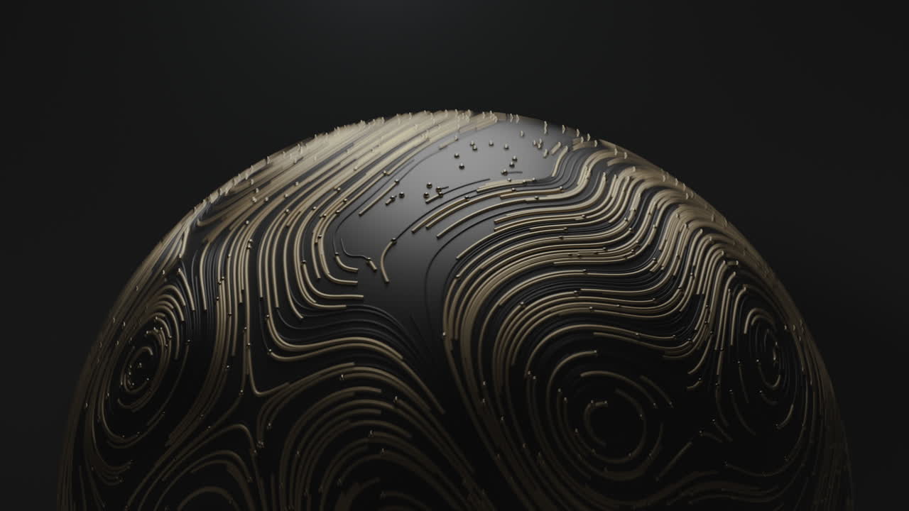 bola dorada giratoria con líneas topográficas circulares animadas y partículas sobre fondo negro