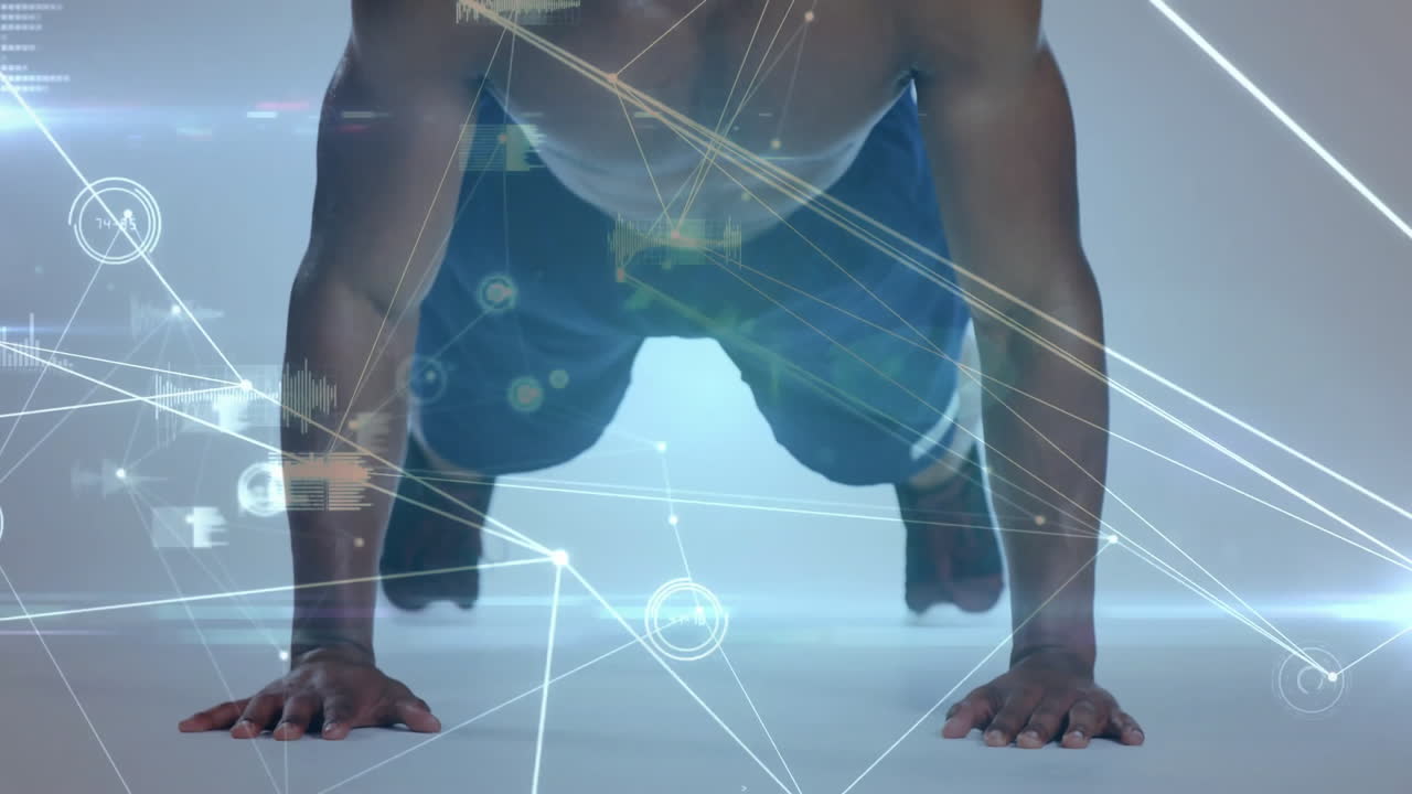 Doing push-ups, man with animation of digital data and network connections