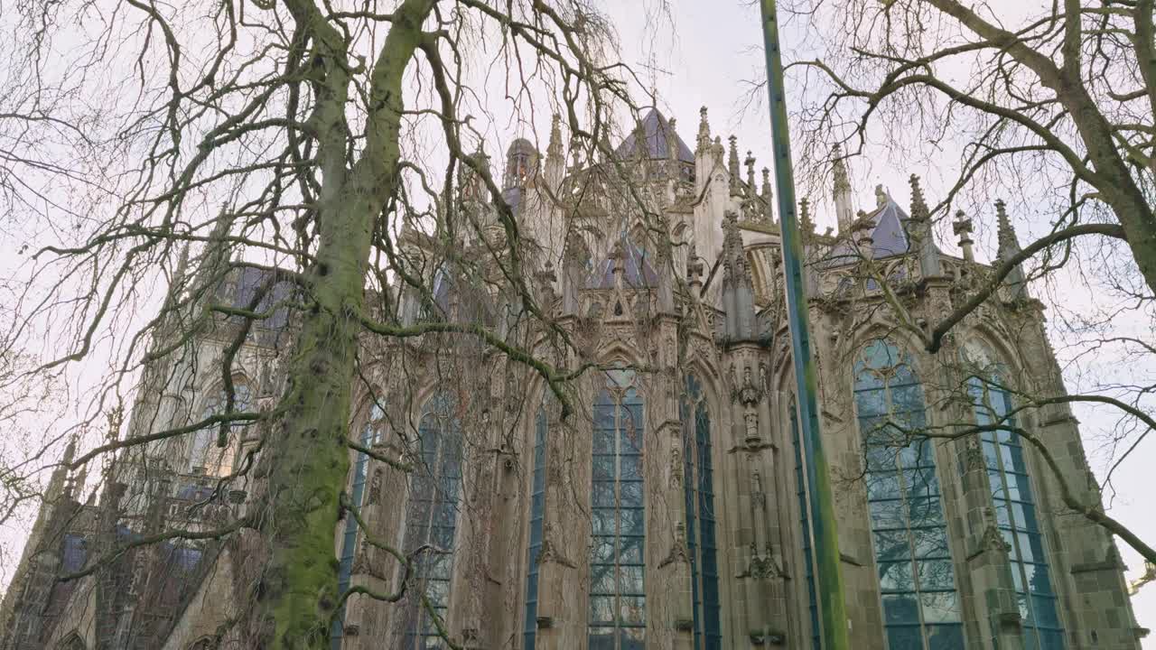 Saint John's Cathedral in 's- Hertogenbosch Den Bosch in Netherlands, low angle view of the building, trees, chapel and spires, authentic traditional Dutch European architecture style design