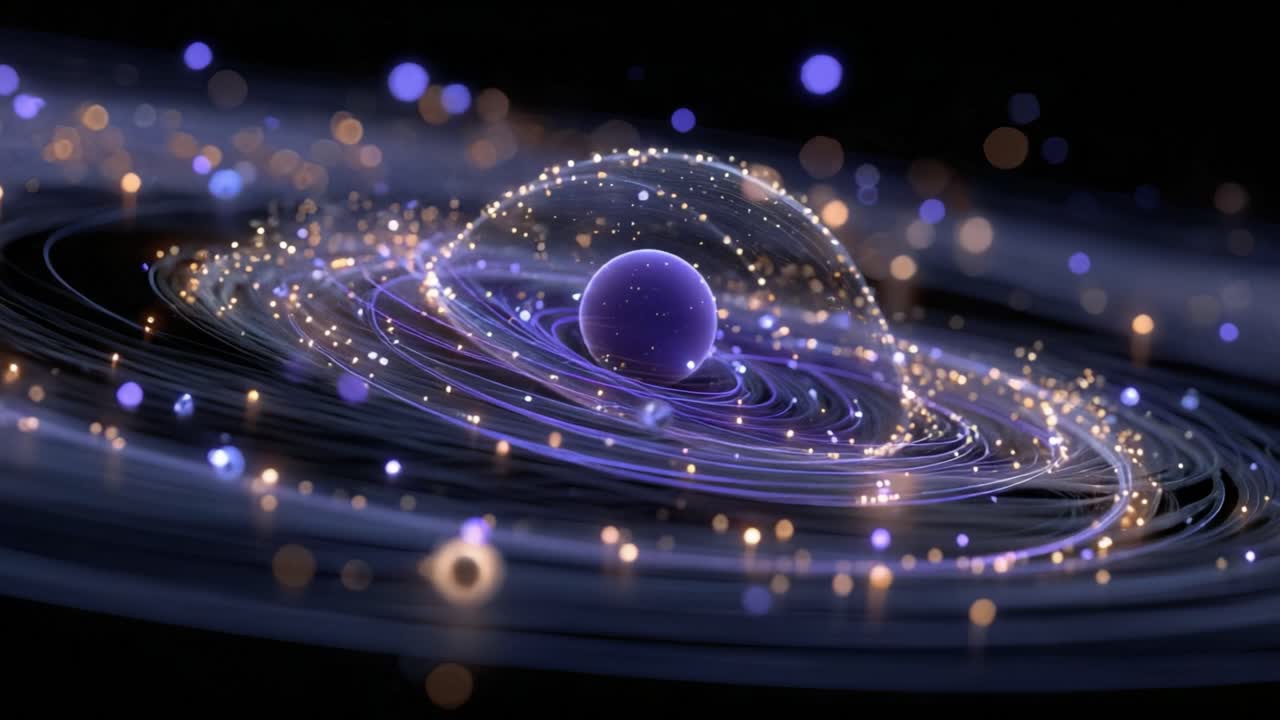 Luminous purple and gold particles swirling around a central sphere on a dark background in a dynamic and futuristic motion graphics animation representing concepts of energy and technology