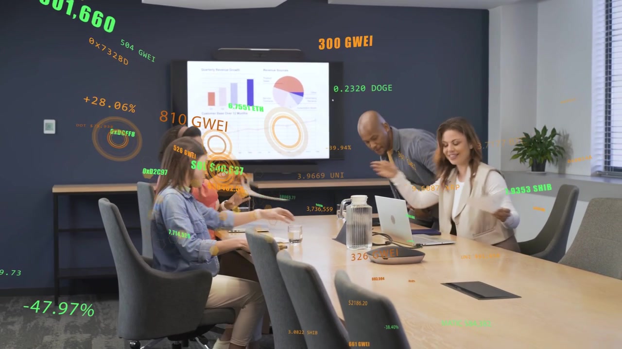 Business team entering boardroom, handing papers, reviewing charts with floating data over screen
