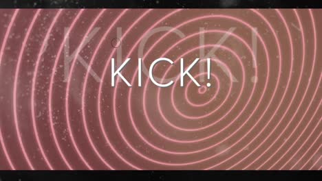 Animation-of-kick-text-in-white-with-circles,-on-moving-concentric-pink-circle-background