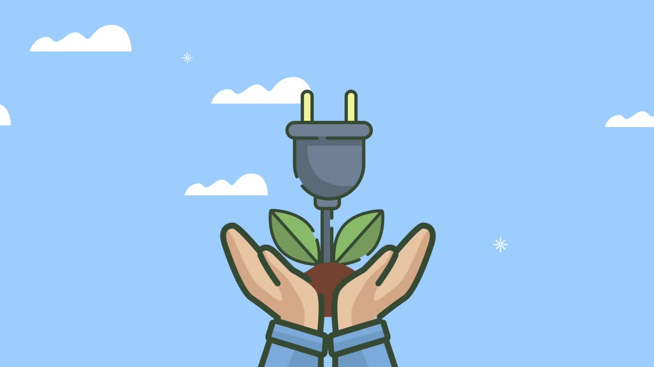 animación ecológica con las manos levantando el enchufe de energía