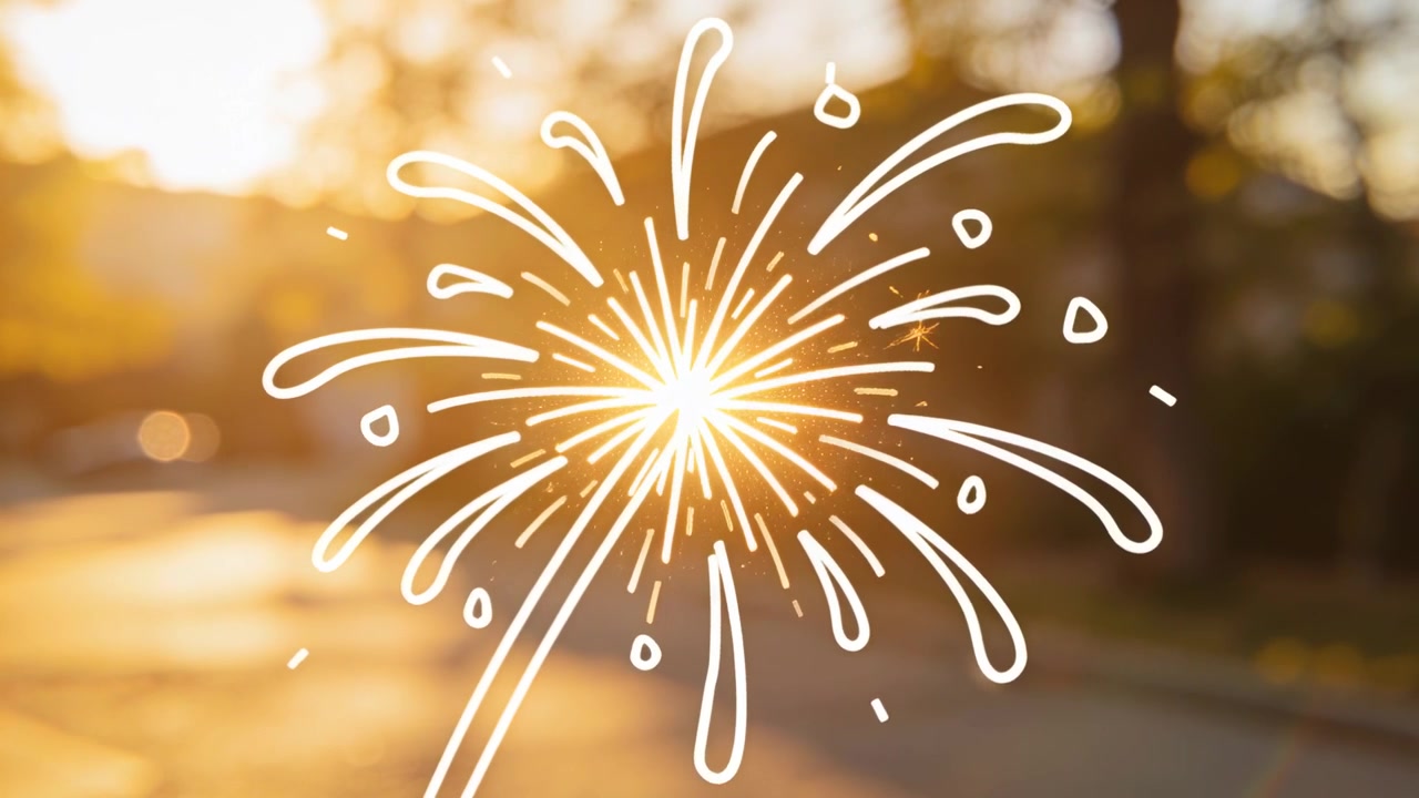 Un'esplosione iniziale di scarabocchi bianchi che si restringe, si espande e si illumina su una strada suburbana illuminata dal sole, con bagliore solare.