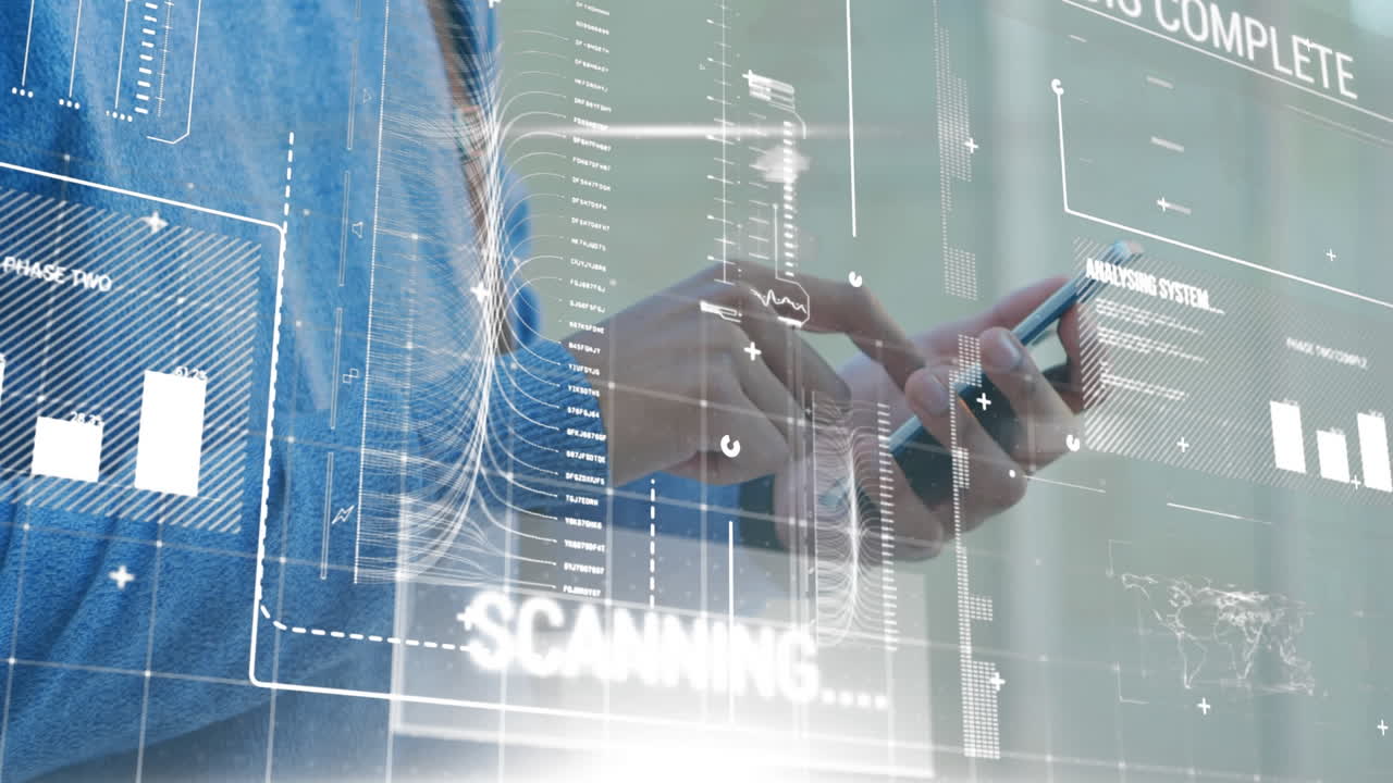 Animation of interface with data processing against mid section of a man using smartphone