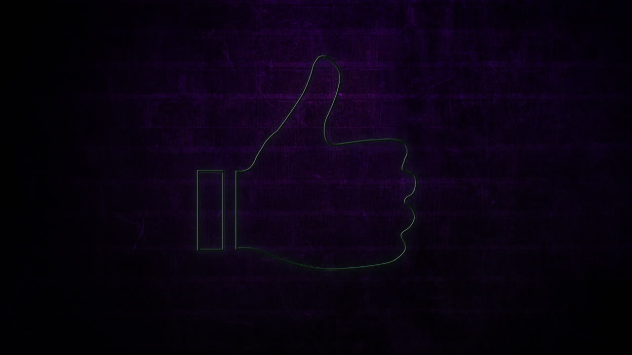 Thumbs down neon sign on brick wall 4k