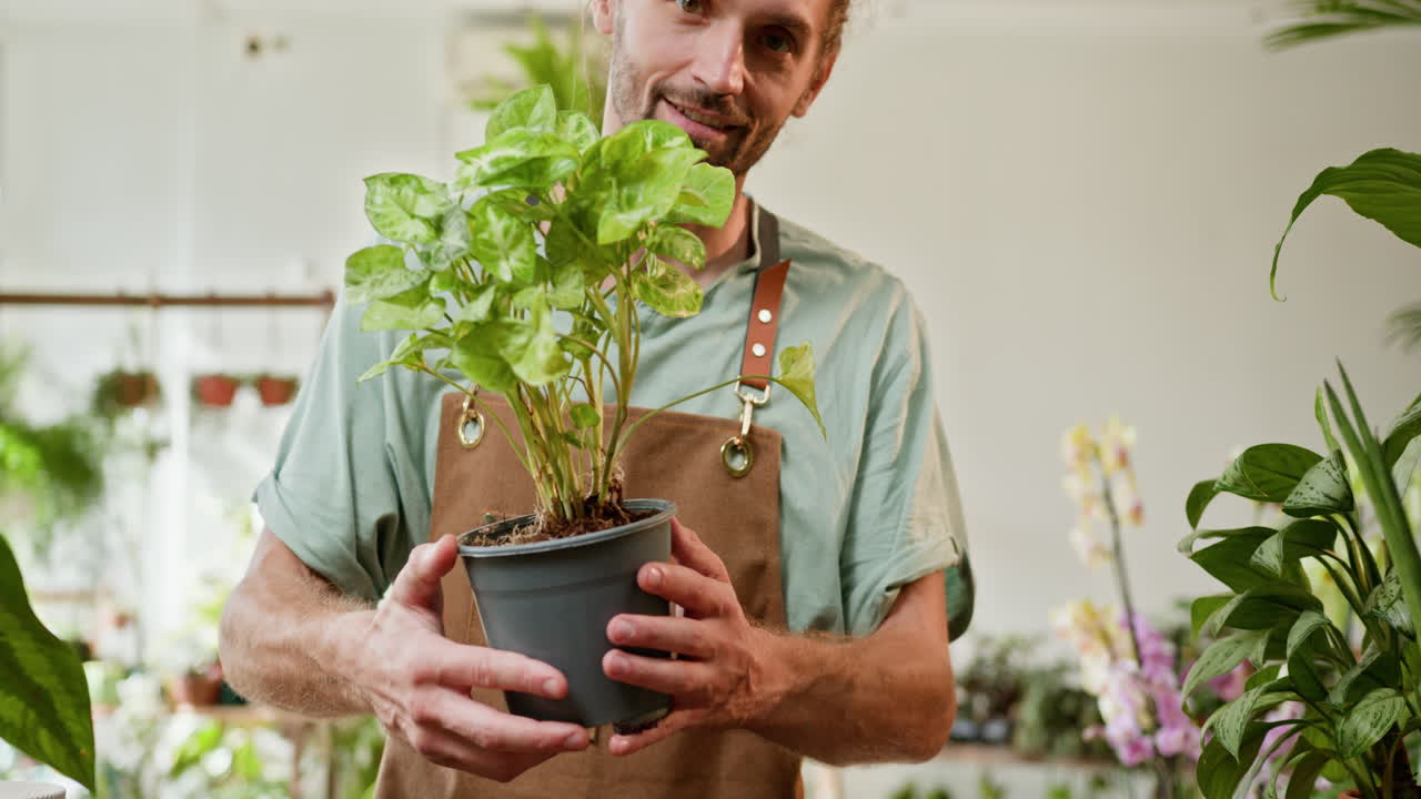 hombre sosteniendo una planta en una tienda de plantas
