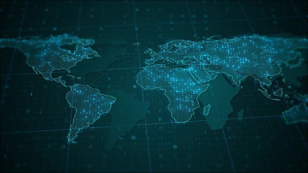 Futuristic digital world map background cyan dotted continents grid lines floating numbers dark tech