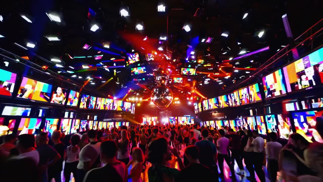 Vibrant dance floor scene with energetic crowd moving under colorful lights and a dazzling disco ball, showcasing the lively atmosphere of a night out