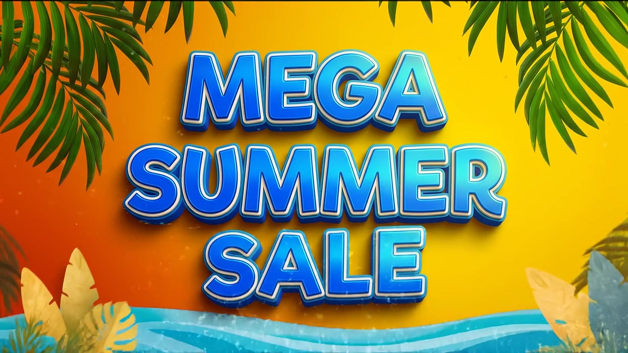Kæmpe Sommersalg Kampagneanimation med Fed Blå 3D-typografi og Tropisk Feriebaggrund