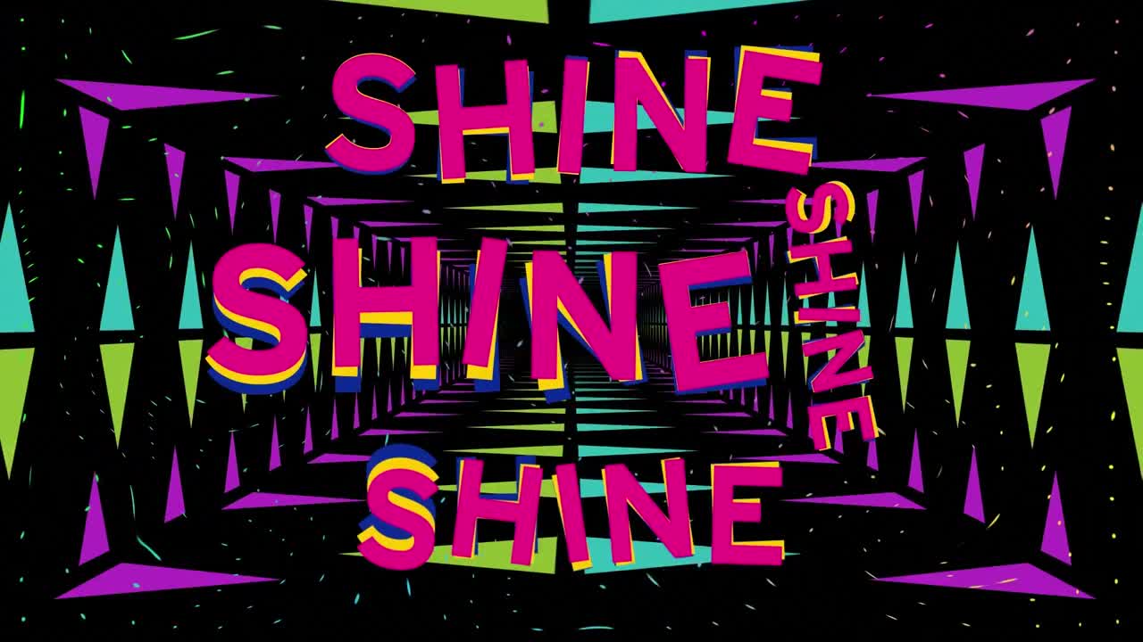 검은 바탕에 빛나는 텍스트와 모양의 애니메이션