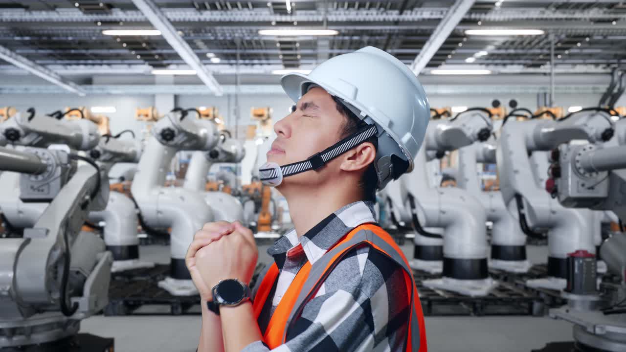 로 앞에서 걱정하는 공장 노동자