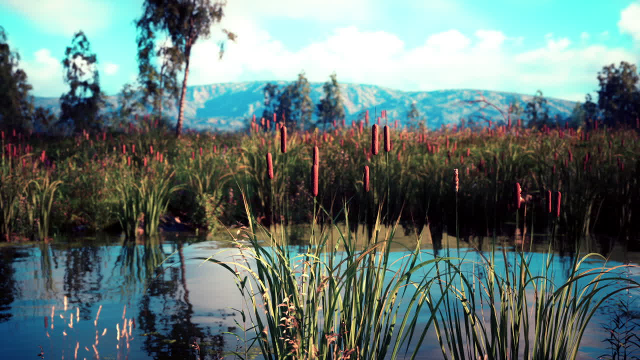 차분한 호수와 멀리서 있는 산들