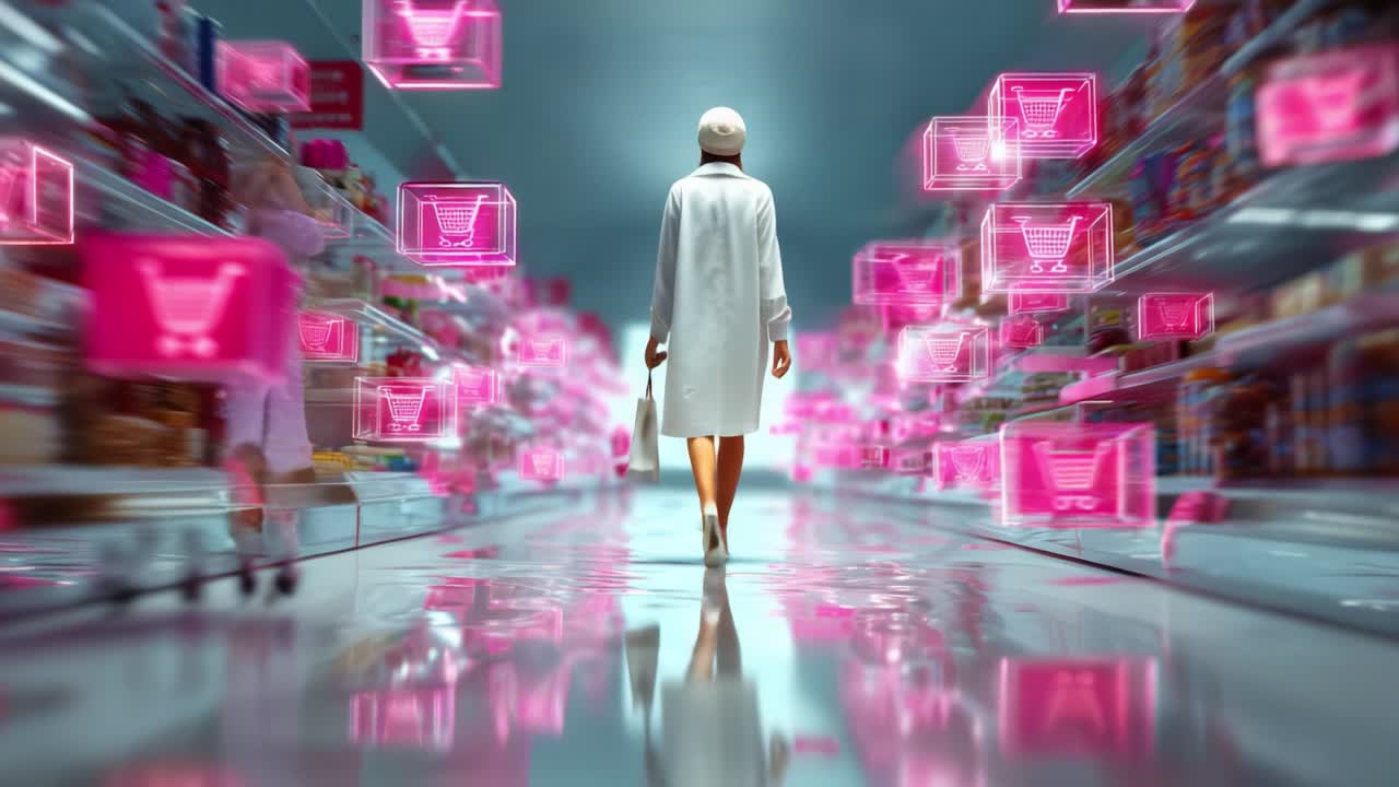 A woman strolls through a futuristic supermarket, surrounded by vibrant, glowing shopping cart icons, representing a modern retail experience filled with digital advancements and innovation