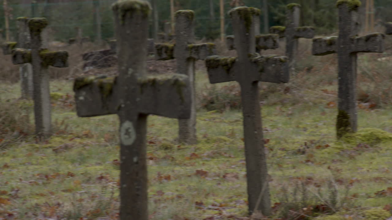 잡초가 무성한 공동묘지의 오래된 묘비 위에 팬을 닫습니다.