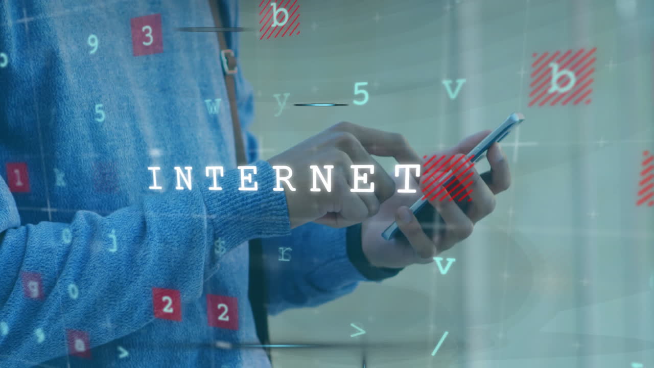 animación del procesamiento de datos sobre un hombre biracial usando un teléfono inteligente