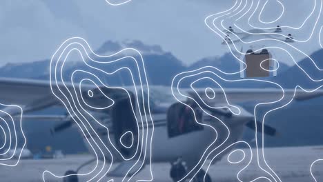 Animation-Von-Weißen-Kartenlinien-über-Drohnen-Tragekasten-Und-Flugzeug-Im-Hintergrund