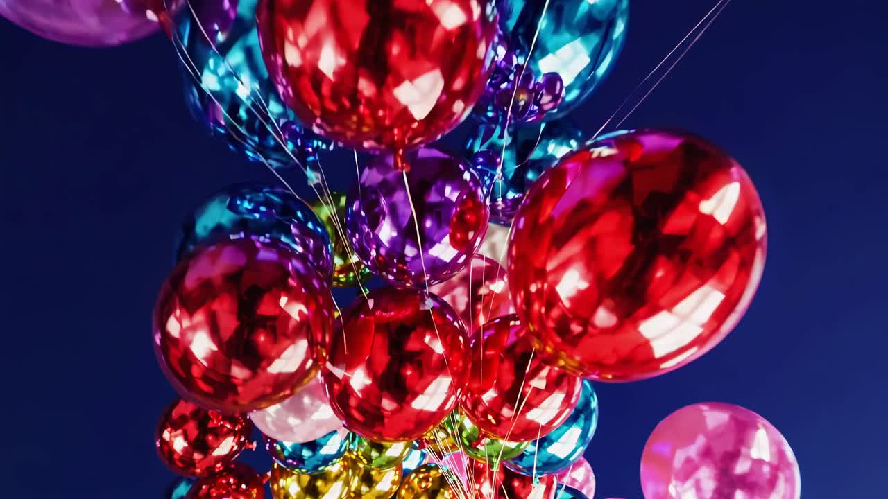 Immagine video vibrante di palloncini colorati che fluttuano contro un cielo blu profondo