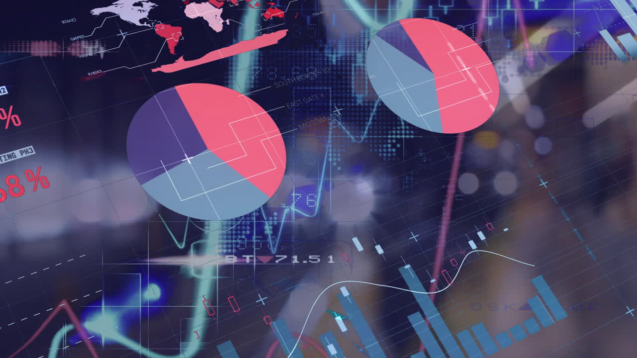 Animation of data processing on graphs and charts over bokeh city street at night