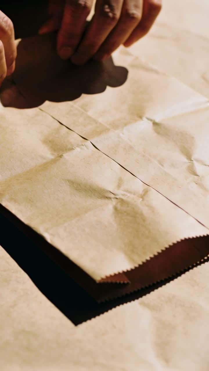 Vertical video: Hovering hands picking scalloped paper piece, placing, smoothing brown bag on kraft
