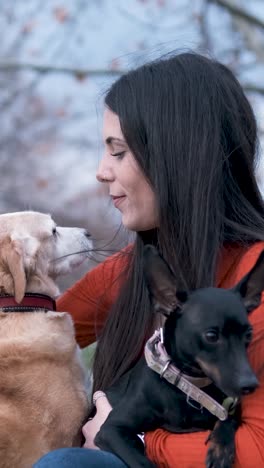 woman hugging and stroking her dogs while enjoying together outdoors in the park